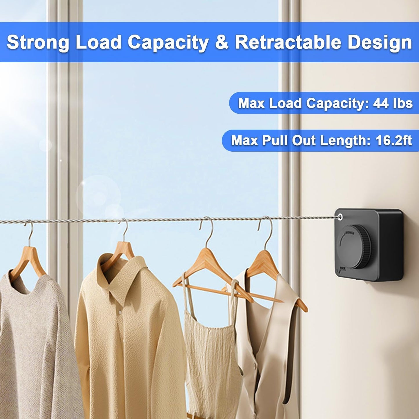 Retractable Clothesline Indoor & Outdoor, 16.2Ft Non-Sagging Stainless Steel Laundry Line with Wall Mounted Heavy Duty Design, Space-Saving Drying Rack for Bathroom, Balcony(1, White)