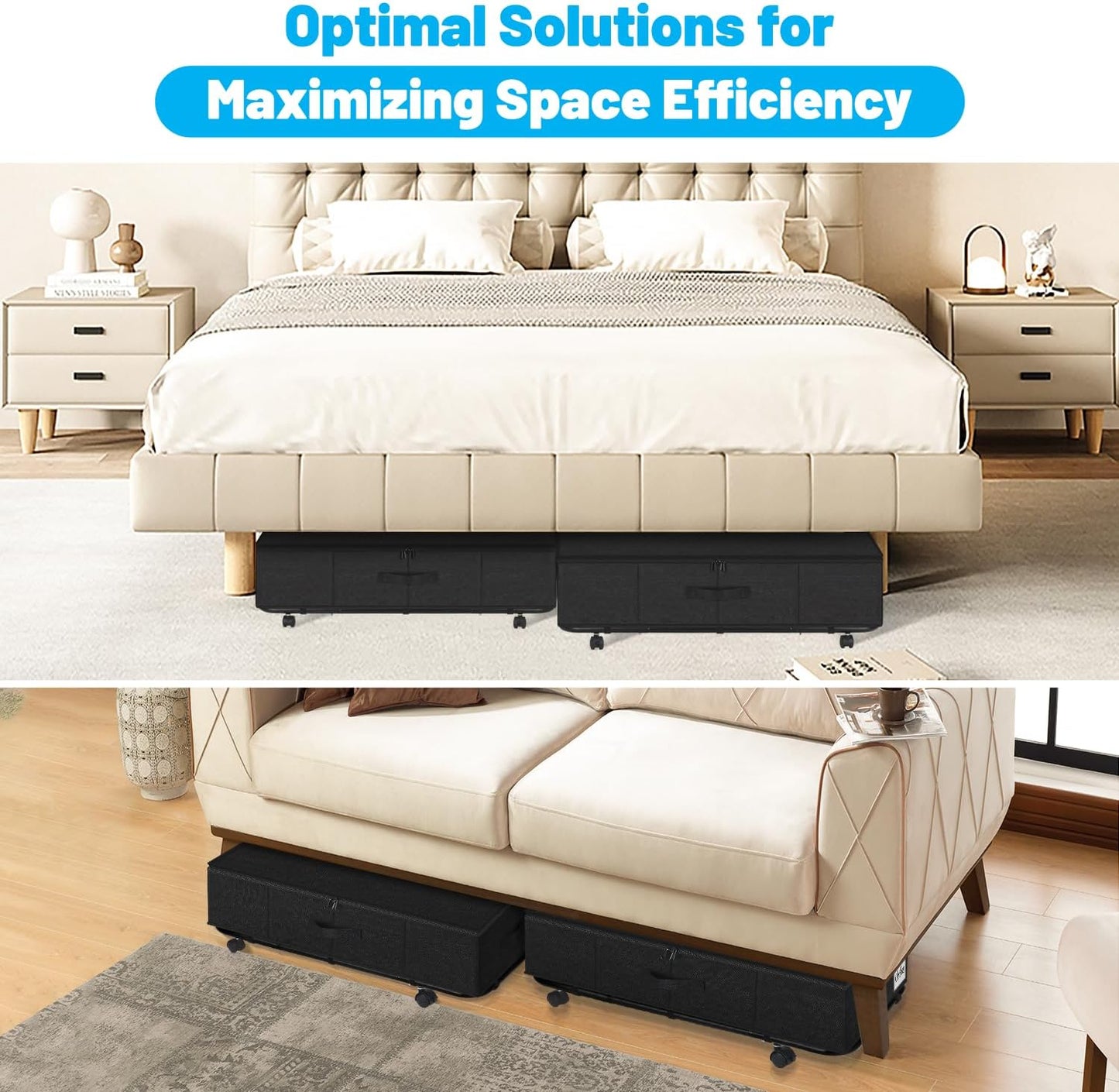 Under Bed Storage with Wheels, 2-Pack 10" Height XXL 75L Rolling Storage Bins, Quick Assembly Underbed Shoe Storage Containers with Clear Lid & Label, Dorm Under Bed Drawers for Clothes, Shoes, Black