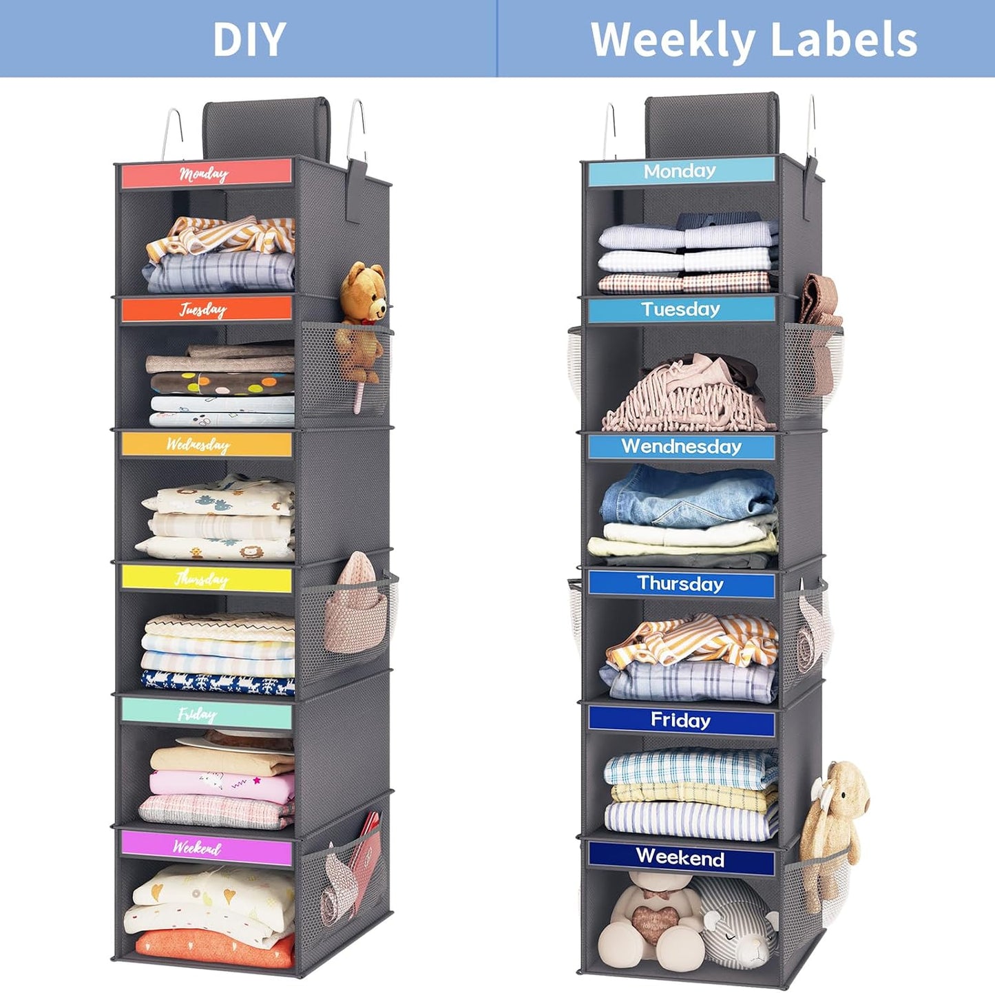 Fixwal 6-Shelf Weekly Clothes Organizer for Kids, Kids Daily Shelf Hanging Closet Organizer with 6 Side Pockets, Days of The Week Hanging Storage Shelves (Pink)