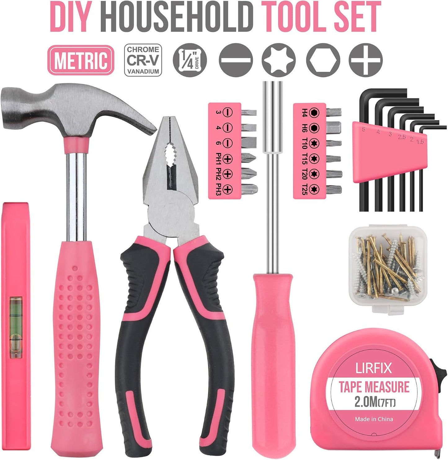 24PCS Mini Compact Pink Household Hardware Tool Set, Beginner Basic DIY Small Repair Tool Kit for Women, Home Assembly Mainten ance Hand Tools, Premium Gift Set for Household Daily Repairs ﻿