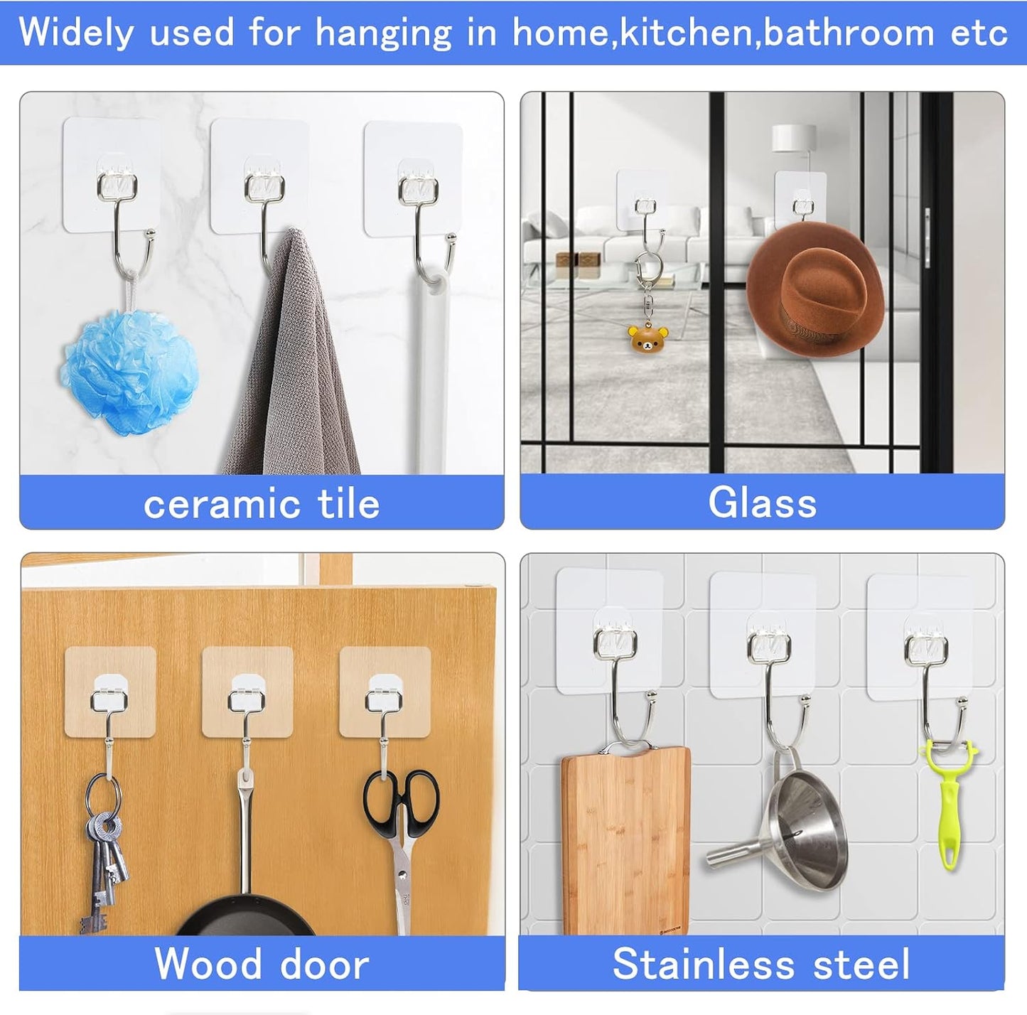 30 Packs Large Adhesive Wall Hooks, Heavy Duty Hold 44lb(Max) Wall Hooks for Hanging, Transparent Waterproof Rustproof Sticky Hooks for Kitchen Bathroom Home Office