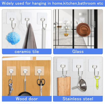 30 Packs Large Adhesive Wall Hooks, Heavy Duty Hold 44lb(Max) Wall Hooks for Hanging, Transparent Waterproof Rustproof Sticky Hooks for Kitchen Bathroom Home Office
