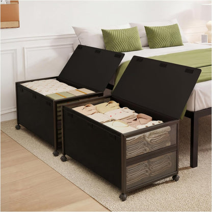 2 Pack Under the Bed Storage Containers,10 inch Height Under Bed Shoe Storage,31inch Long Underbed Storage with Wheels,Large Rolling under bed Clothes Storage Drawers with Lid for Dorm Tall ,Black