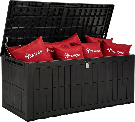 YITAHOME 240 Gallon Large Outdoor Storage Box XXL Resin Deck Box with Lock | Extra-Large Waterproof Patio Furniture Bin and 3-Person Bench Seating for Garden Tools & Pool Accessories, Black
