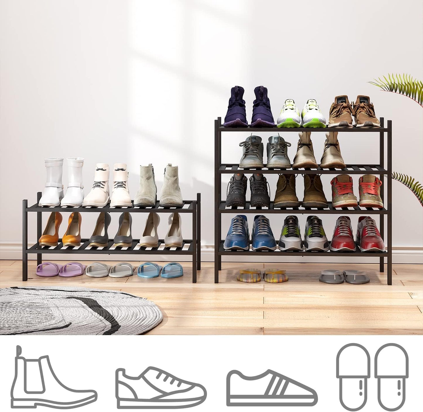 viewcare 3-Tier Black Bamboo Shoe Rack for Entryway, Stackable | Foldable | Natural, Shoe Shelf Storage Organizer for Hallway Closet, Free Standing Shoe Racks for Indoor Outdoor