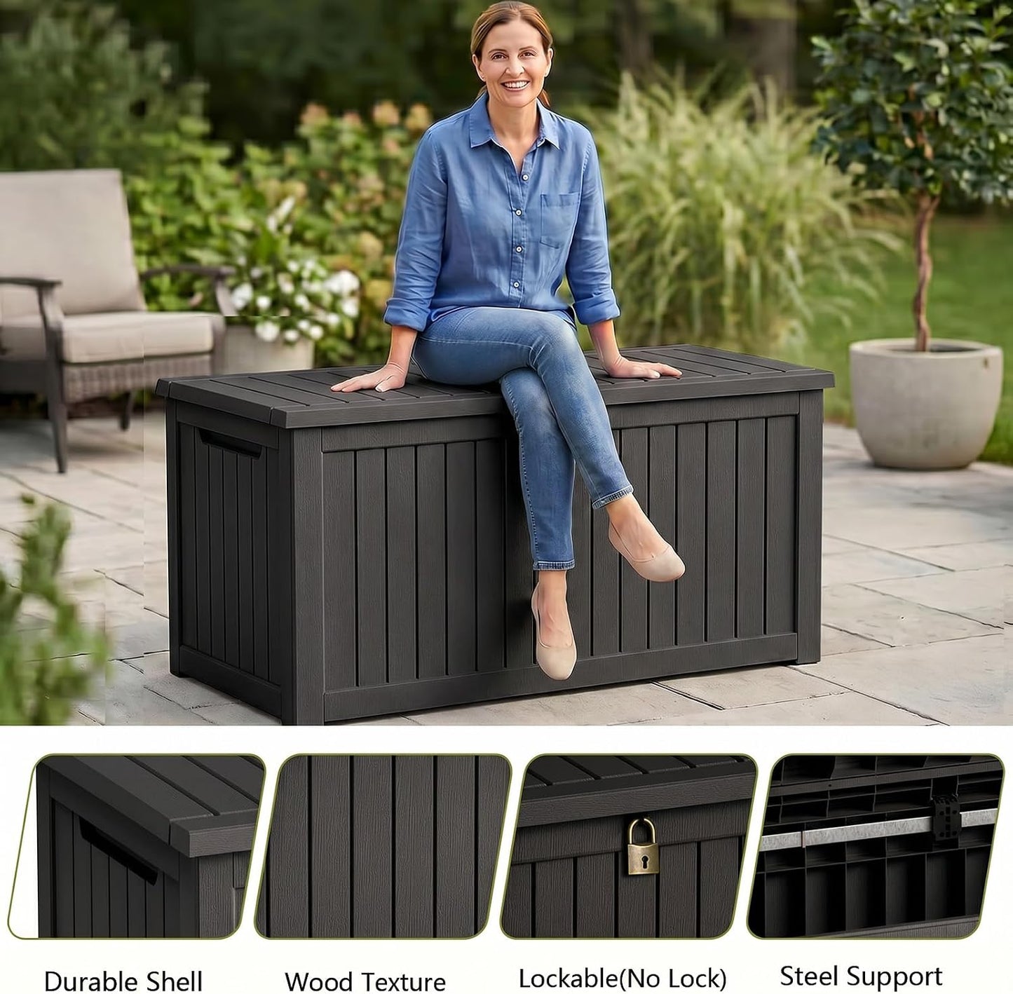 Waterproof Outdoor Storage Box Outside Deck Box Lockable Resin Bench UV Resistant Furniture Cushion Pool Tool Float Bin Patio Garden Porch (Black, 120 Gallon)