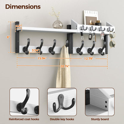 Evermagin 29" Coat Rack Wall Mount with Shelf, 4 in 1 Coat and Key Hanger with 11 Metal Hooks, Entryway Wall Mounted Shelf with Mail Holder for Living Room, Bedroom, Rustic Brown