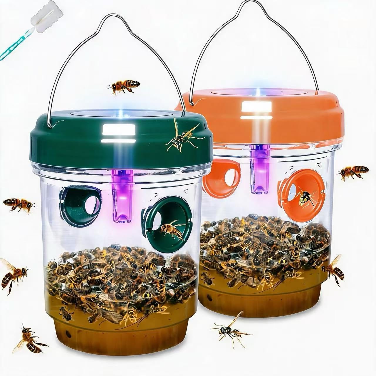 Solar Wasp Bee Trap, Outdoor Hanging LED Light Reusable Catcher for Outside | Brush Included, DIY Bait, Fits Hornet, Yellow Jacket, Wasp & Carpenter Bee, All-day Outdoor Use for Garden, Orchard & Farm