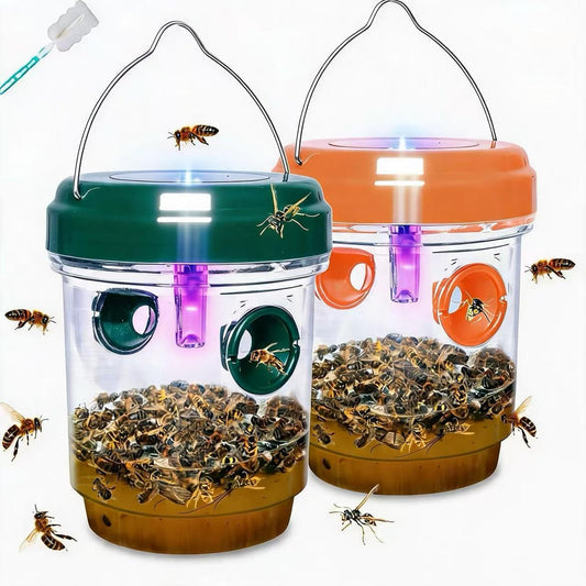Solar Wasp Bee Trap, Outdoor Hanging LED Light Reusable Catcher for Outside | Brush Included, DIY Bait, Fits Hornet, Yellow Jacket, Wasp & Carpenter Bee, All-day Outdoor Use for Garden, Orchard & Farm