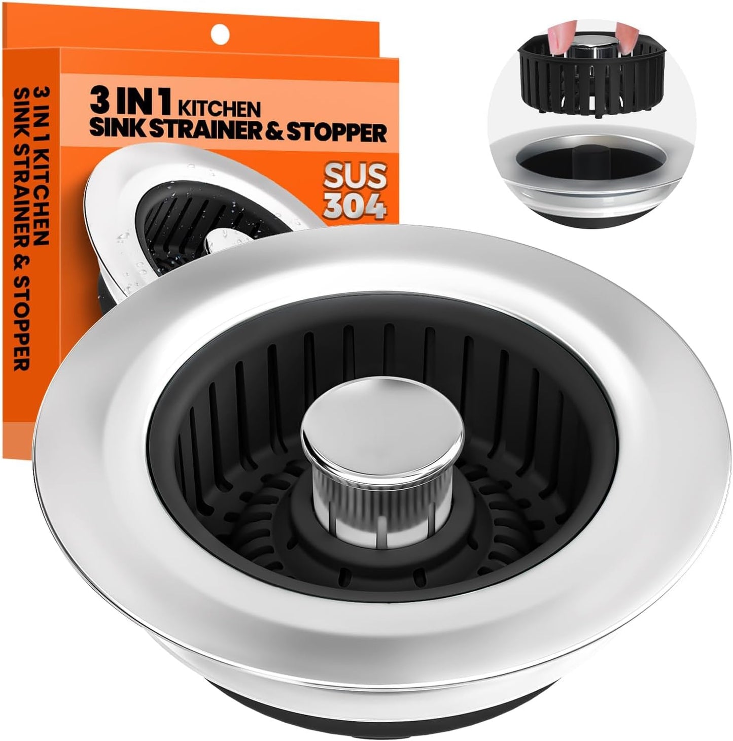 Kitchen Sink Drain Strainer - Upgraded Kitchen Sink Stopper,Sink Stopper Kitchen Drain,Stainless Steel Drain Plug with Anti-Clog Basket Drain Stopper Combo,for Standard 3-1/2'' Drain,Grey