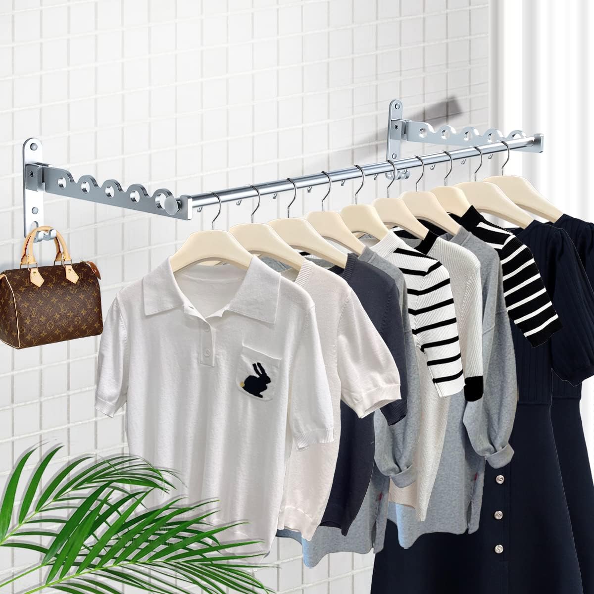 Clothes Drying Rack Wall Mounted Drying Racks for Laundry Room Organization and Storage Clothes Rack，Aluminum Dryer Rack with Two Drying Rods for Hanging Wet and Dry Clothes
