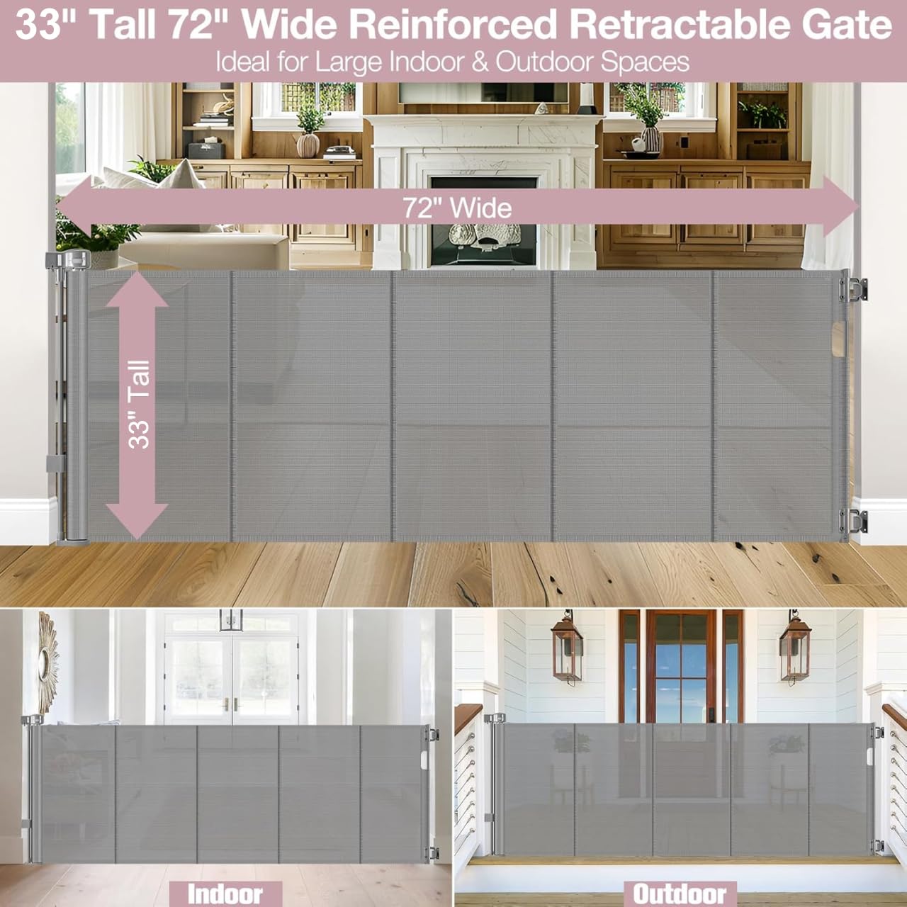 Reinforced 72" Wide Retractable Dog Gate with Support Rods - Prevent Crawling Under Extra Wide Baby Gate Retractable Gate Outdoor, Retractable Pet Gate Long Dog Gate, Mesh Gates for Kids or Pets, Gray