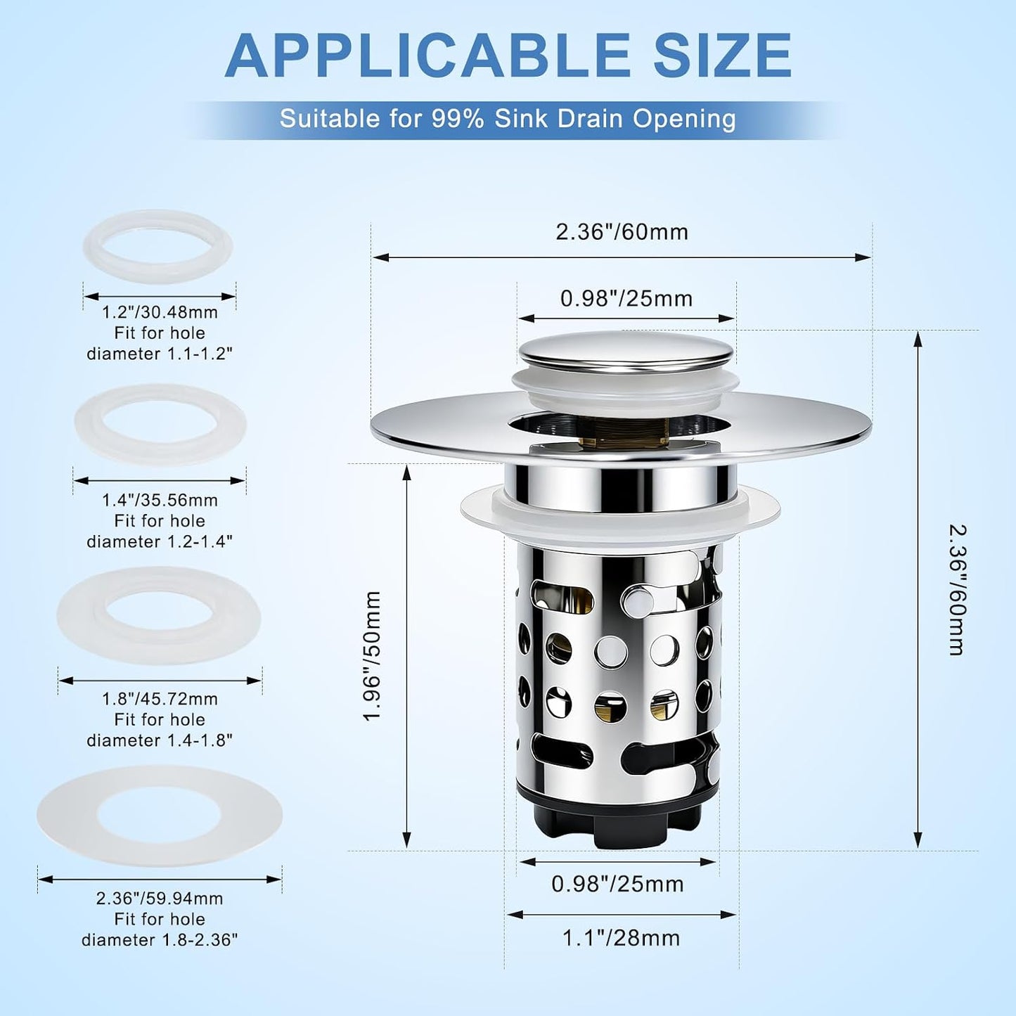 Upgraded 3 in 1 Bathroom Sink Drain Strainer, Universal Pop Up Stopper with Removable Stainless Steel Filter Basket Hair Catcher, Sink Plug for 1.1''~2.36'' Basin, Brushed Nickel Finish (2PC)