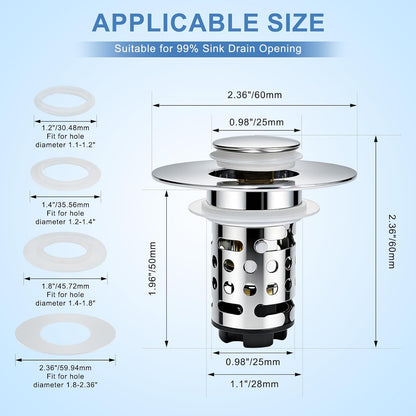 Upgraded 3 in 1 Bathroom Sink Drain Strainer, Universal Pop Up Stopper with Removable Stainless Steel Filter Basket Hair Catcher, Sink Plug for 1.1''~2.36'' Basin, Brushed Nickel Finish (2PC)