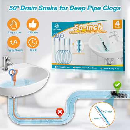 4 Pack Snake Drain Hair Removal Tool, Reusable Drain Snake Hair Drain Clog Remover Tool, 50 Inch Anti-break Steel Shower Drain Snake for Bathtub, Bathroom Sink Drain Unclog