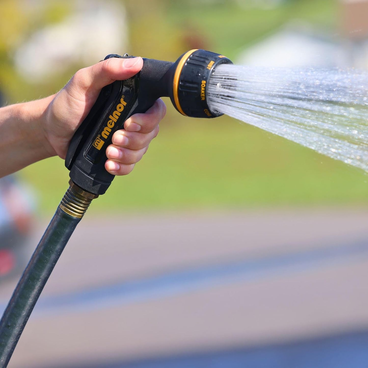 Melnor 65020-AMZ Metal Multi-Pattern Hose Nozzle with Rear Trigger Grip, 7 Spray Patterns, Heavy-Duty Metal Construction, Quick Connect Adapter, Black, Orange