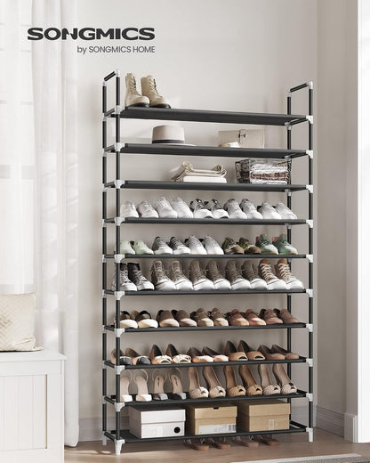 SONGMICS Shoe Rack, 10-Tier Shoe Shelf, Shoe Storage Organizer, 11 x 17.7 x 68 Inches, Metal Frame, Non-Woven Fabric Shelves, for Entryway, Bedroom, Black ULSH010B02