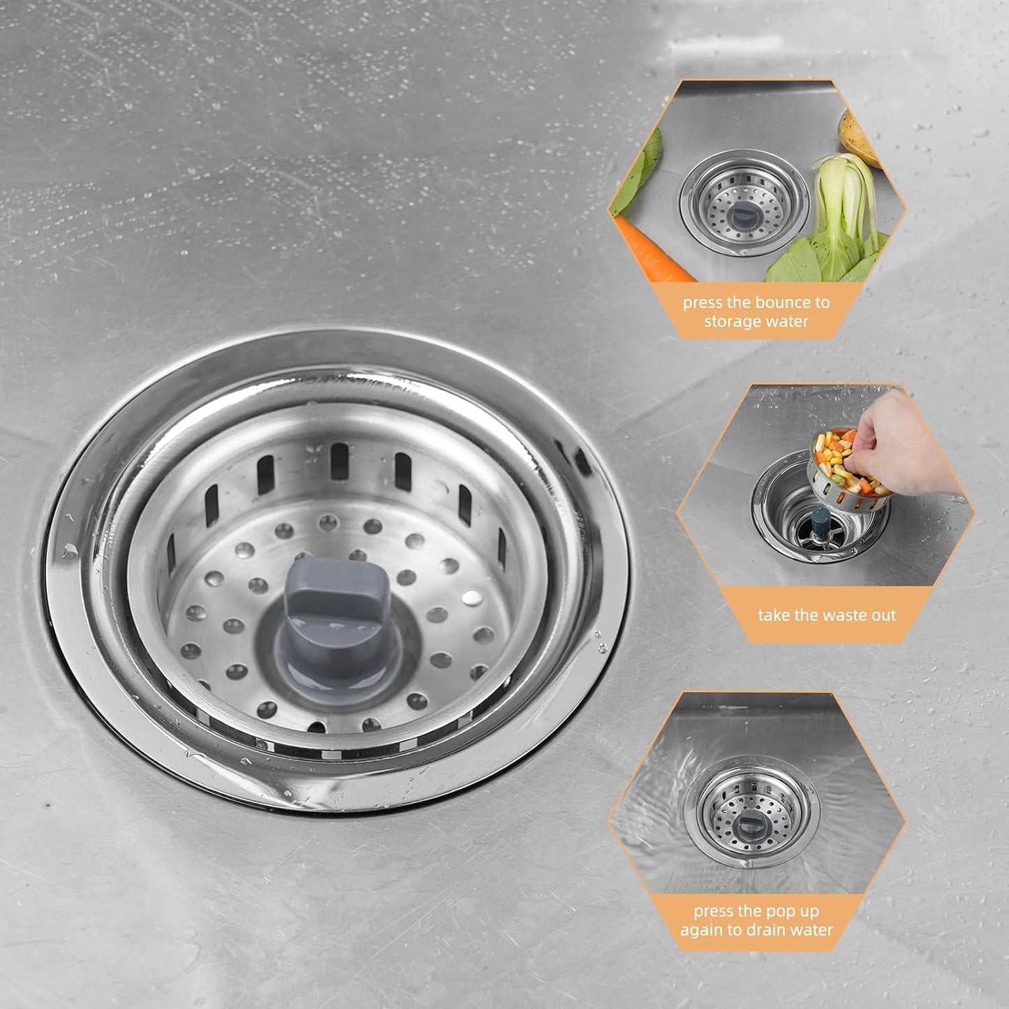 All Metal Sink Drain Strainer for Kitchen Sink, Universal Fit | Pop Up 3-in-1 Sink Stopper Drainer, 304 Stainless Steel Basket for US Standard 3-1/2 inch Drain Filter, Anti-clog