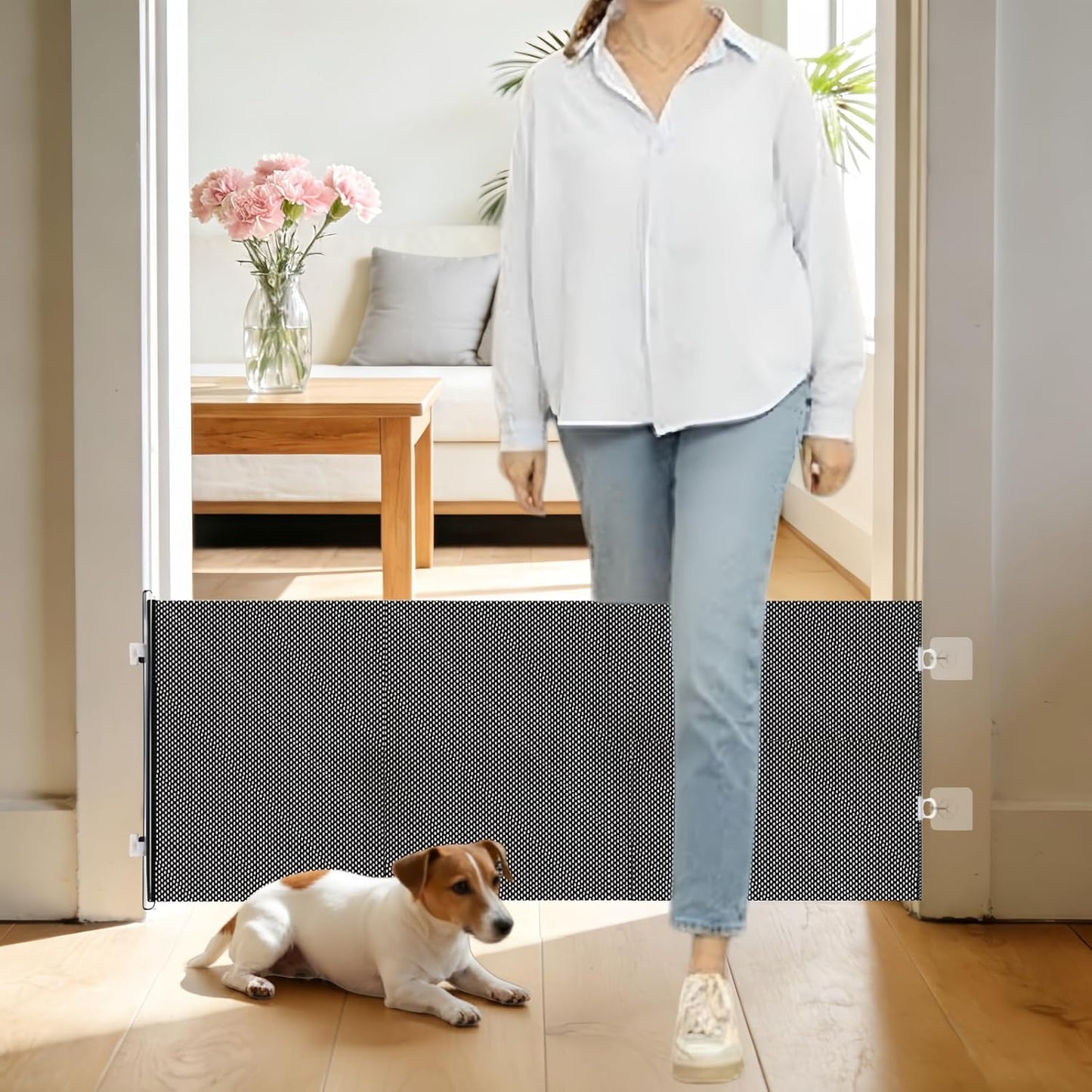 15" Step Over Retractable Dog Gate, No-Drill Pet Barrier for Doorways & Stairs, Easy Human Access & Pet Containment, Adjustable Small Dog Gate for Indoor Use