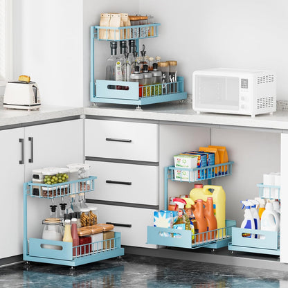 Saydear Under Sink Organizer Storage 2-Tier Premium Metal Pull-Out Kitchen Cabinet Organizer with Sliding Drawer, Height Adjustable, Heavy Duty for Kitchen & Bathroom Organizers 2 Pack Black