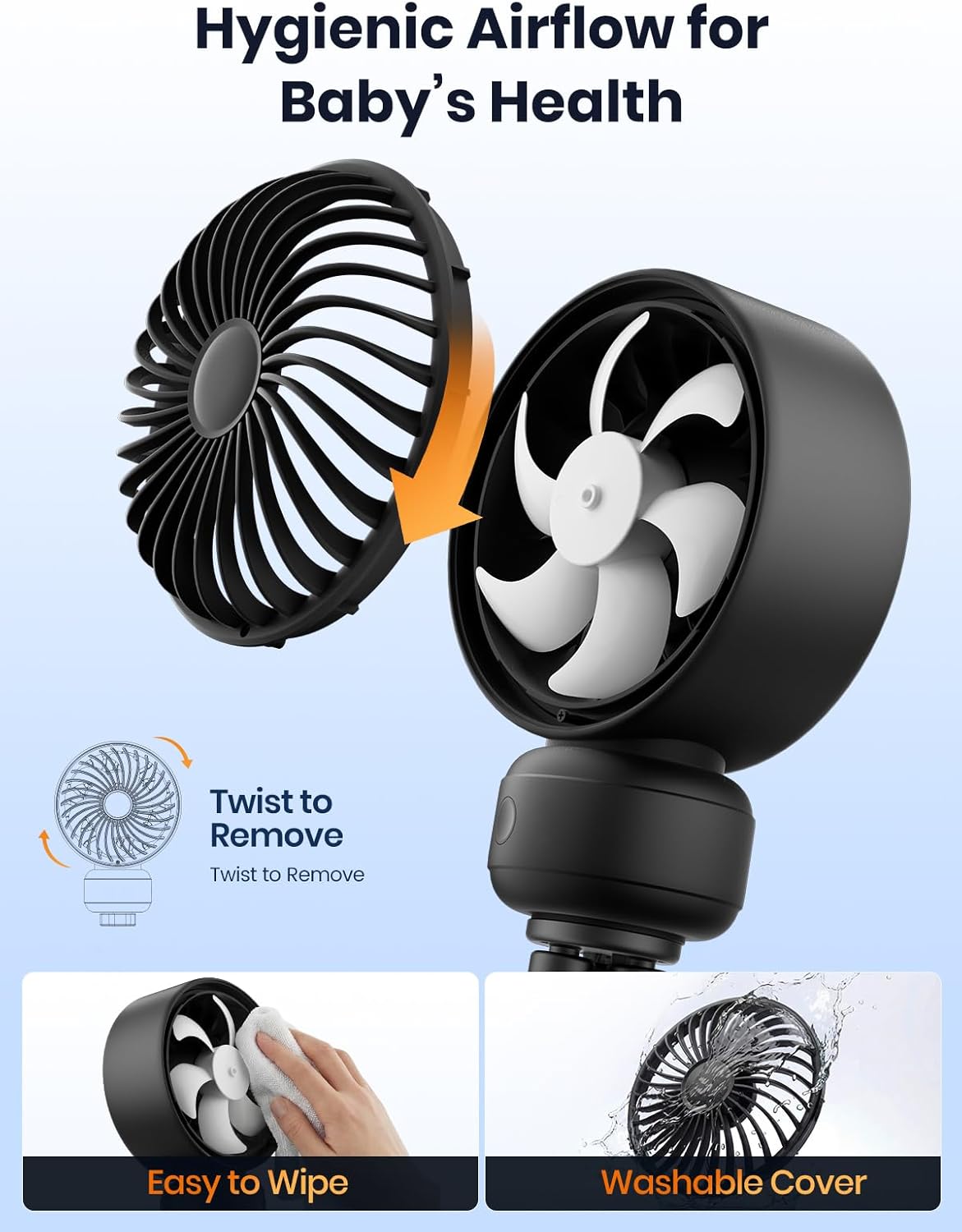 Warmco Portable Stroller Fan, 4000mAh Rechargeable Clip On Fan for Baby | Secure Clamp, Up to 15H Runtime, Protective Grille, Quiet, 360° Rotatable, Removable Cover, LED Display