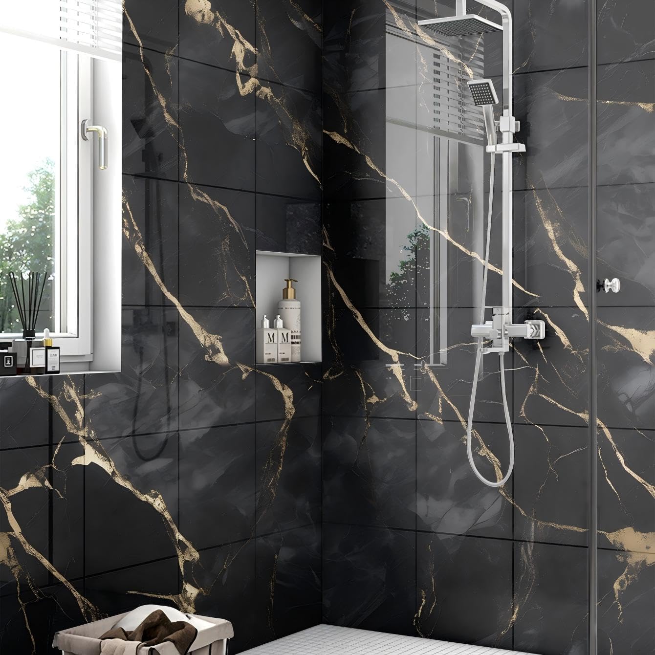 Chejiaye 10pcs Marble Peel and Stick Backsplash Waterproof Washroom Wall Panels, Peel and Stick Tile, PVC Foam Wall Panels for Kitchen,Bathroom,Living Room,Blue and Gold(Not Real Tile,11.8" x 11.8")