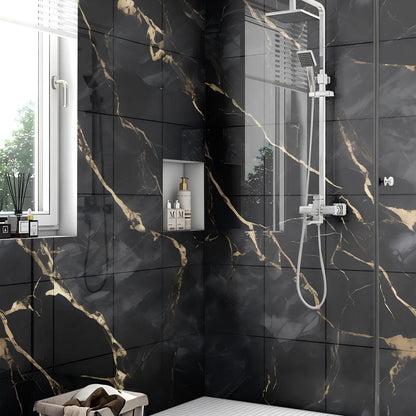 Chejiaye 10pcs Marble Peel and Stick Backsplash Waterproof Washroom Wall Panels, Peel and Stick Tile, PVC Foam Wall Panels for Kitchen,Bathroom,Living Room,Blue and Gold(Not Real Tile,11.8" x 11.8")