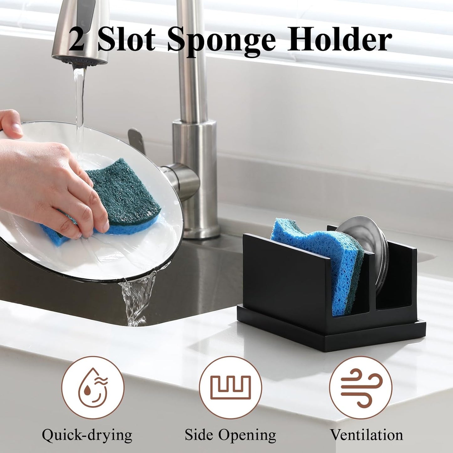 Luxspire Kitchen Sponge Holder, Dish Sponge Holder with with Drain Tray, Marble Sponge Holder for Kitchen Sink, Kitchen Sink Caddy 2 Compartments, Gravel White