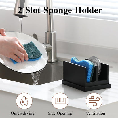 Luxspire Kitchen Sponge Holder, Dish Sponge Holder with with Drain Tray, Marble Sponge Holder for Kitchen Sink, Kitchen Sink Caddy 2 Compartments, Gravel White
