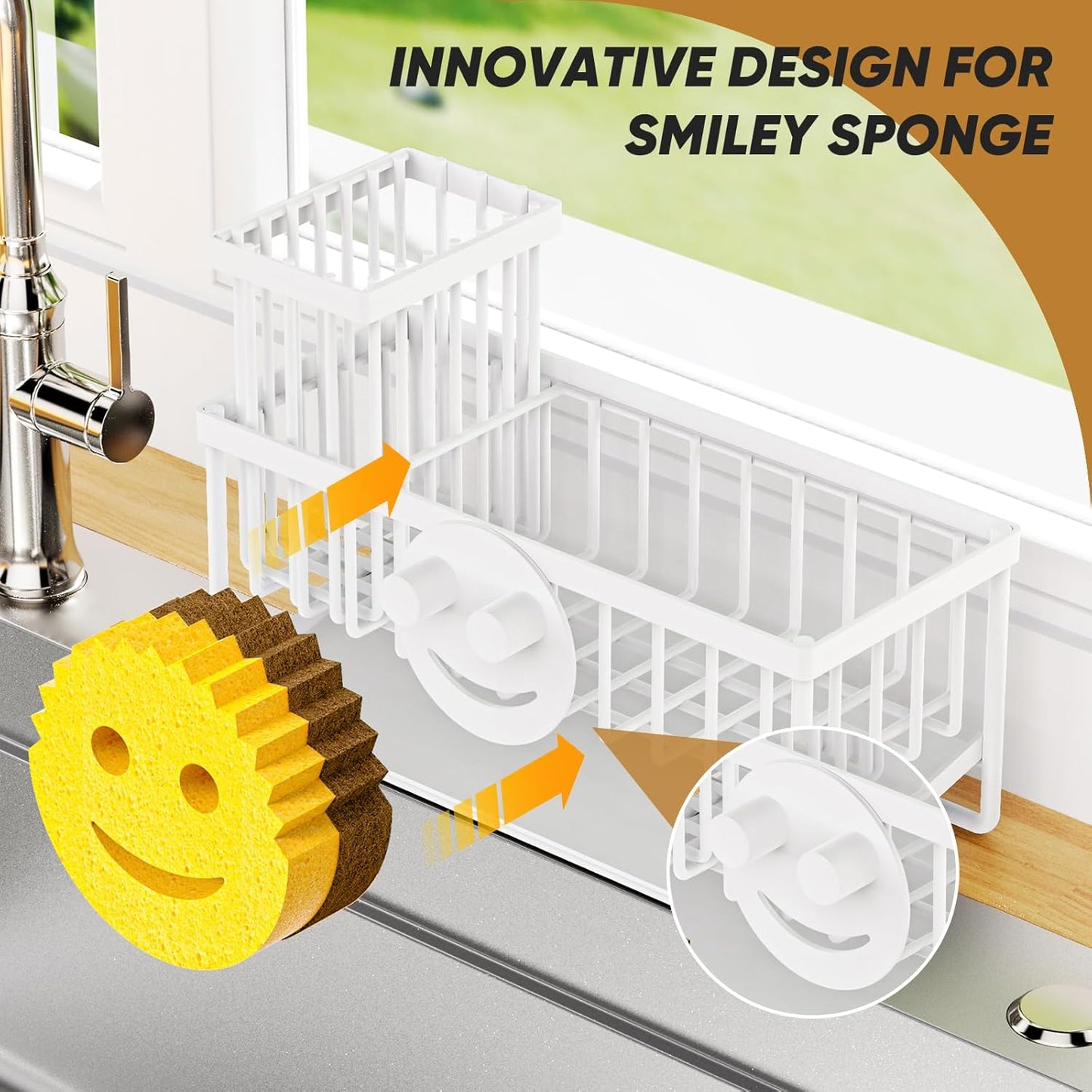 Sponge Holder for Kitchen Sink,Smiley Face Sink Caddy with Removable Brush Holder,Self-Draining Sponge Caddy for Soap,Dish Brush,Scrubber,Kitchen Essentials and Gadgets-Silver