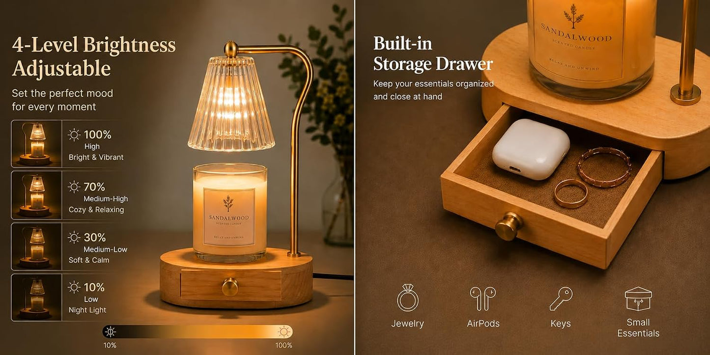 Candle Warmer Lamp with Timer & Dimmer, Natural Wooden Base with Drawer, Gold-Tone Metal Stand, Extra Bulb Included, Candle Warming Lamp, Electric Candle Wax Warmer