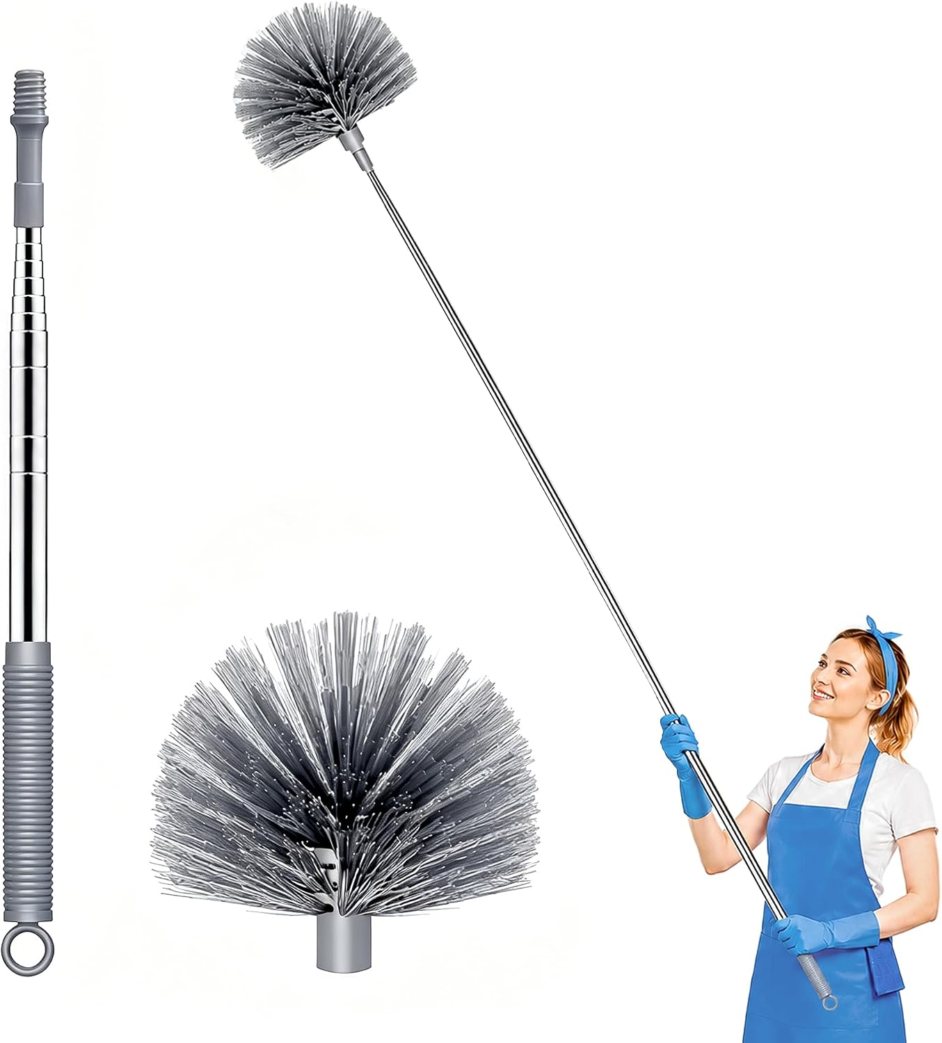 Cobweb Duster with Extension Pole, Upgraded Heavy Duty Thickened Stainless Steel Telescopic Handle for High Ceilings & Ceiling Fans, 90" Total Reach (15.7" Compact), Medium Stiff Bristles (Orange)