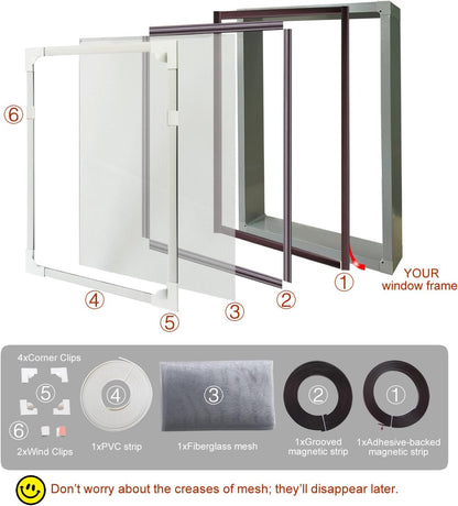 Magnetic Window Screen DIY Adjustable Window Mesh Screen Replacement Window Net Fits up to 32"x 23" White Frames with Fiberglass Mesh