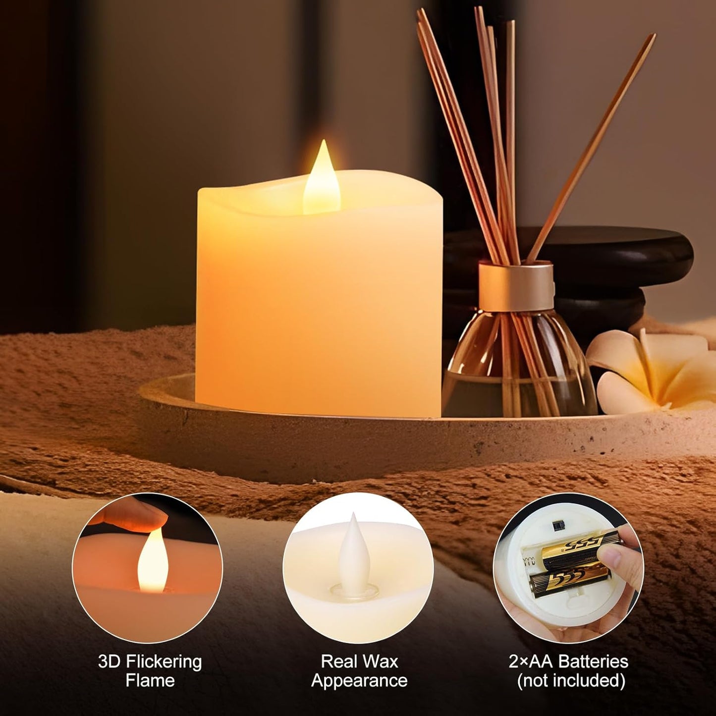 3x4 Flickering Flameless Candles Set of 3,Real Wax Pillar LED Candles,with Timer,4 inch Flameless Candles with Remote,for Party Wedding Holiday Home Decor,Ivory