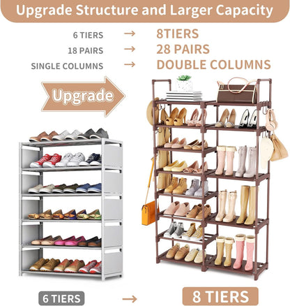 ROJASOP Shoe Rack Organizer, 8-Tier Metal Shoe Rack for Closet Entryway Garage, 26-32 Pairs Tall Shoe Boot Storage Shelf with 15 Hooks, Stackable Large Shoe Stand