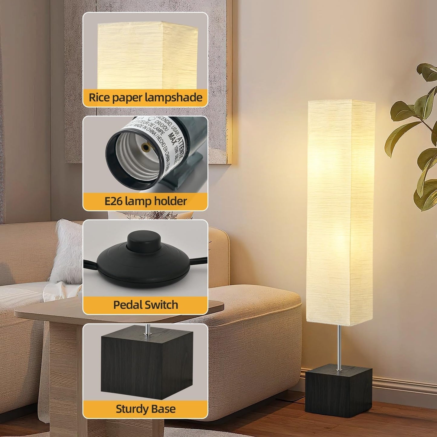 Column Floor Lamp – Natural Wood Base&Rice Paper, Japanese lamp，with Square Base for Living Room,Office, Kids Room, Reading, Home Decor, Off White, 58"