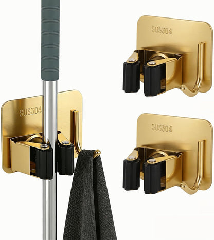 Mop and Broom Organizer Wall Hanging No Drill,Metal Utility Tool Hangers Wall Mountable,Garage Closet Organizer Heavy,Storage Rack Self Adhesive 2Pcs for Bathroom, Kitchen, Office,Laundry.Gold