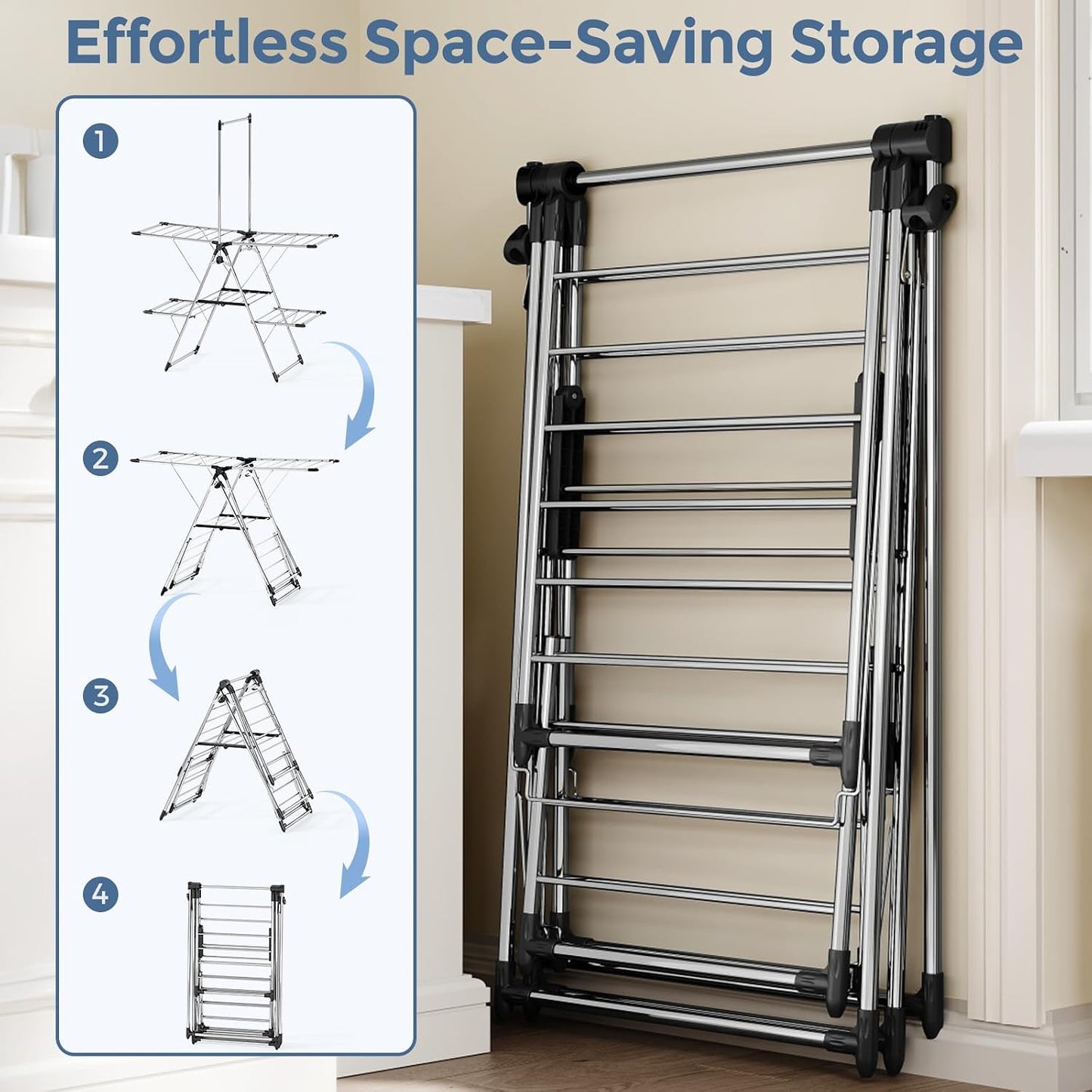 APEXCHASER Clothes Drying Rack with High Hanger, Foldable 3-Level Drying Racks with Shoe Rack, Crossbar and Vertical Rod Laundry Stand with Adjustable Wings Silver