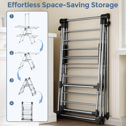 APEXCHASER Clothes Drying Rack with High Hanger, Foldable 3-Level Drying Racks with Shoe Rack, Crossbar and Vertical Rod Laundry Stand with Adjustable Wings Silver