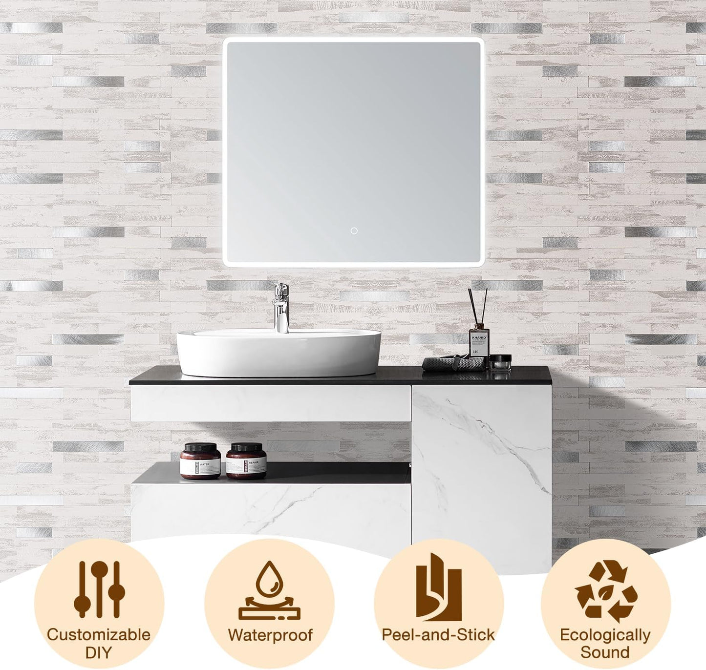 Peel and Stick Backsplash Tile Waterproof Removable PVC Wall Sticker 3D Faux Stone Marble Brick White Accent Panels (White Marble - Metal Silver, 20 Tiles - 9 sq. ft. (0.84 M²))