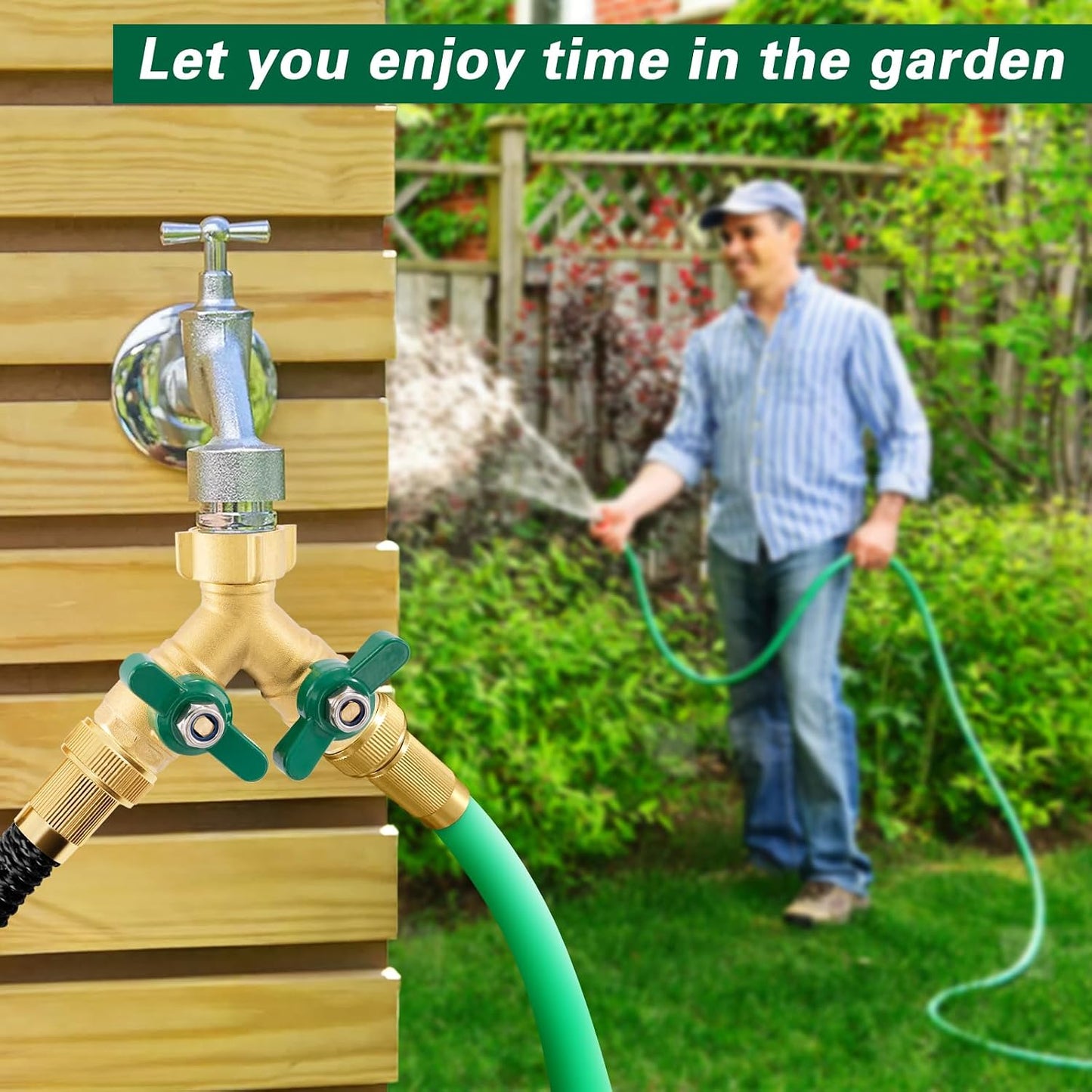 Heavy Duty Garden Hose Splitter 2 Way, Brass Full Flow Y Hose Splitter with Thickened Easy-Turn Handle, 3/4" GHT Outdoor Faucet Connector with Shut-Off Valves