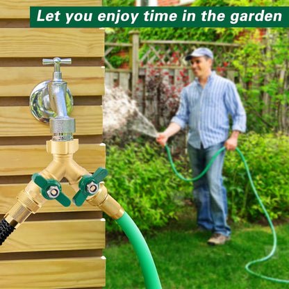 Heavy Duty Garden Hose Splitter 2 Way, Brass Full Flow Y Hose Splitter with Thickened Easy-Turn Handle, 3/4" GHT Outdoor Faucet Connector with Shut-Off Valves