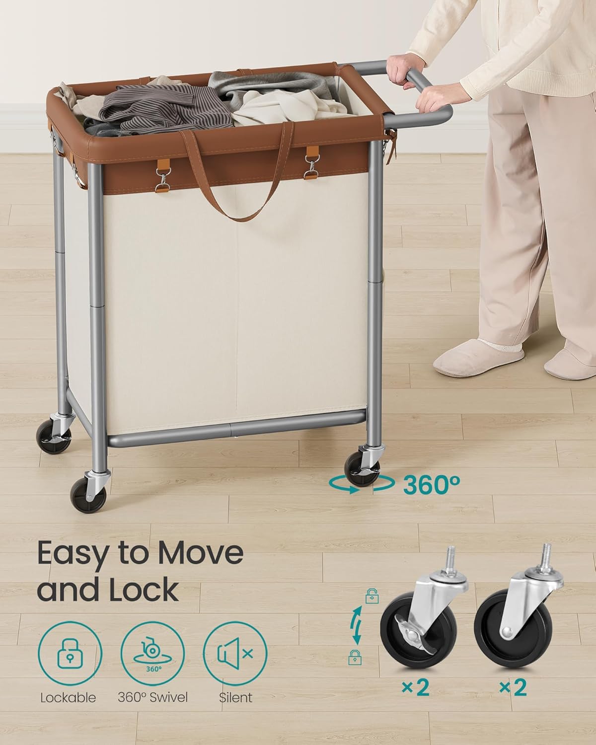 SONGMICS Laundry Basket with Wheels, 3-Section Rolling Laundry Hamper, 52.8 Gallons (200 L), Removable Liner, Steel Frame with Handle, 35.8 x 15.4 x 31.9 Inches, Cream White URLS005W01
