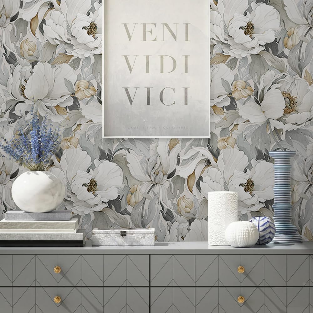 MuralPeel Dark Grey White Poppies Peony Floral Vintage Peel and Stick Wallpaper Self Adhesive Removable Easy Peel Off Stick on Wall Paper for Bedroom Cabinet Renter