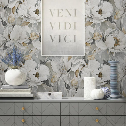 MuralPeel Dark Grey White Poppies Peony Floral Vintage Peel and Stick Wallpaper Self Adhesive Removable Easy Peel Off Stick on Wall Paper for Bedroom Cabinet Renter