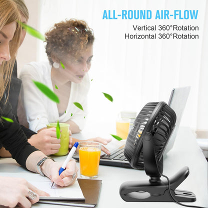 BESKAR Clip on Fan, Portable Small Desk Fans with Strong Airflow, 3 Speeds with Personal Fans Sturdy Clamp, Quiet Desk Fan & Clip Fan with USB Cord Powered - No Battery