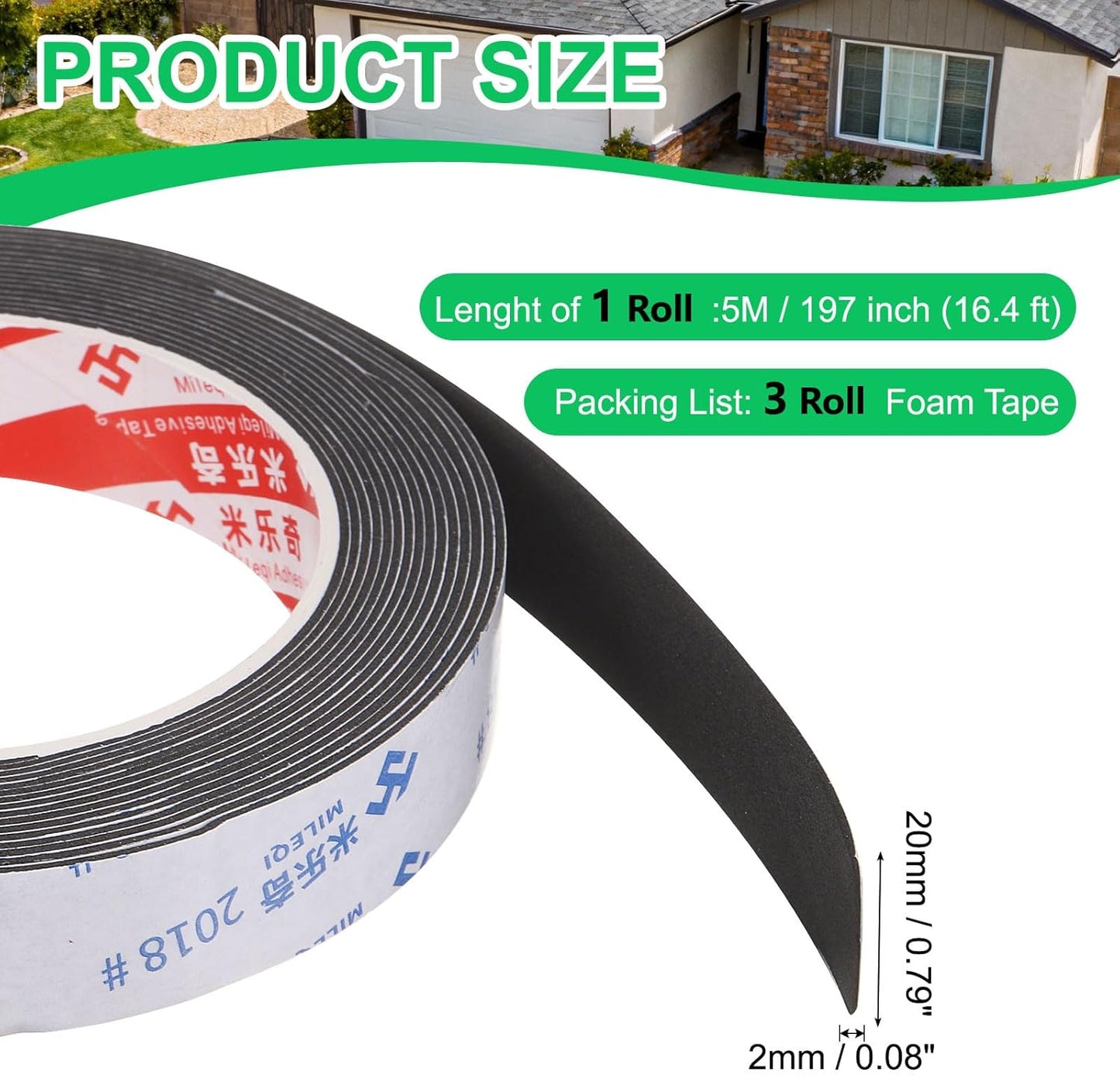 PATIKIL Sponge Rubber Foam Tape, 5/8" W x 1/8" t x 16.4ft l Self-Adhesive Foam Insulation Tape Weather Stripping for Window Door Soundproofing Weatherstrip AC Seal Strip, Black