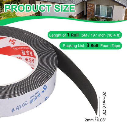 PATIKIL Sponge Rubber Foam Tape, 5/8" W x 1/8" t x 16.4ft l Self-Adhesive Foam Insulation Tape Weather Stripping for Window Door Soundproofing Weatherstrip AC Seal Strip, Black