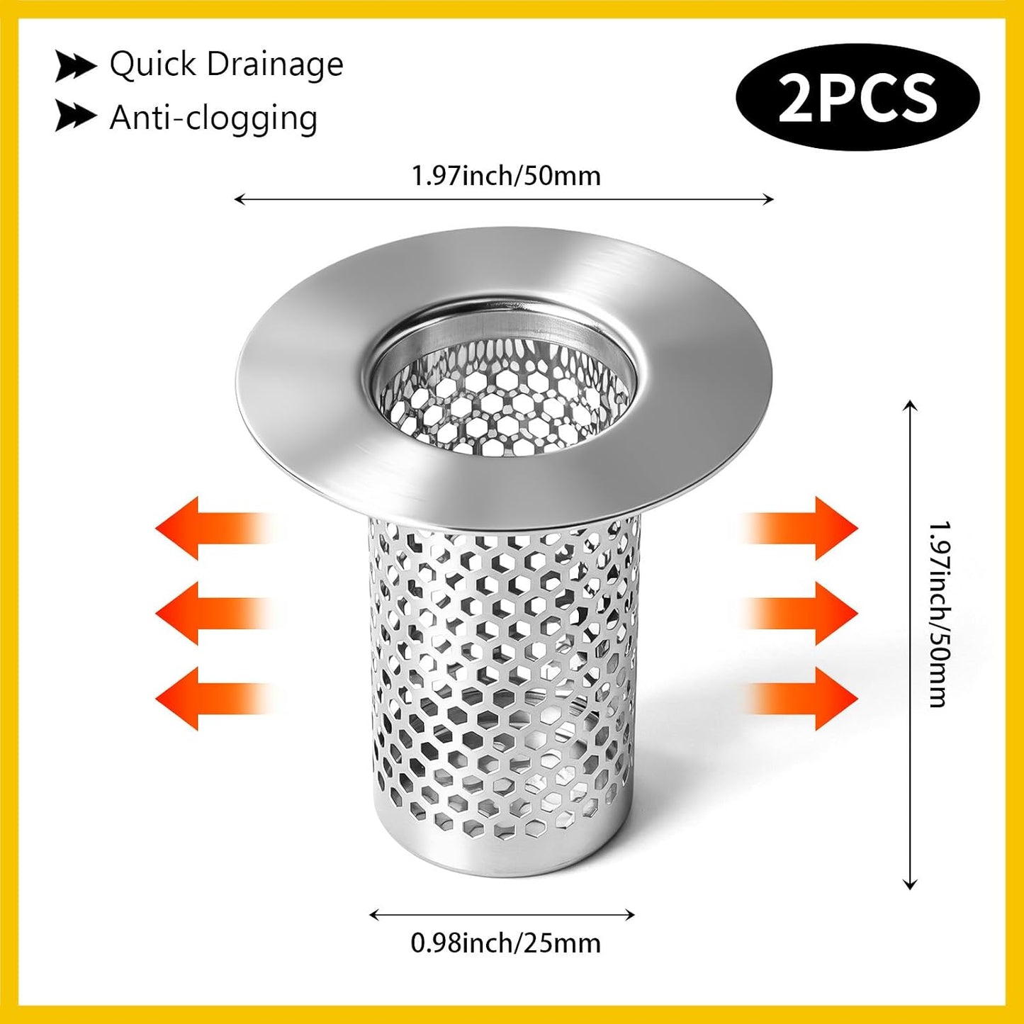 Bathroom Sink Drain Strainer, 304 Stainless Steel Hair Catcher for Bathtub Shower Floor Drain, Bathtub Drain Cover Strainer Basket Fit 1.1" to 1.97" Drain Hole (2PCS)