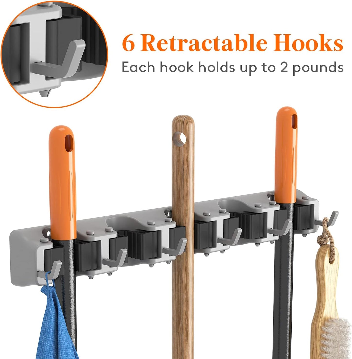 Lifewit Mop and Broom Holder Wall Mount, Anti-Slip Broom Hanger for Cleaning Supplies Organizer, Easy Install Tool Hanging Rack for Closet, Kitchen, Garage, 5 Slot 6 Hooks, Hold 30lbs, Black, 1 Pack